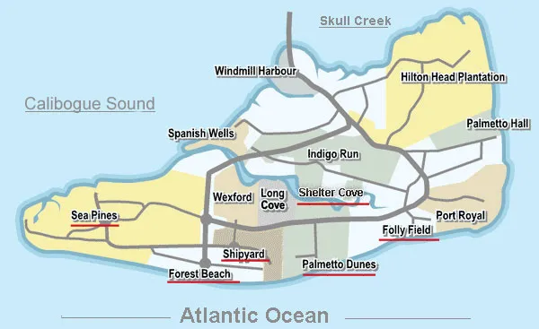 Map of Hilton Head Island showing the different communities, inclulding the ones offering condos for sale.