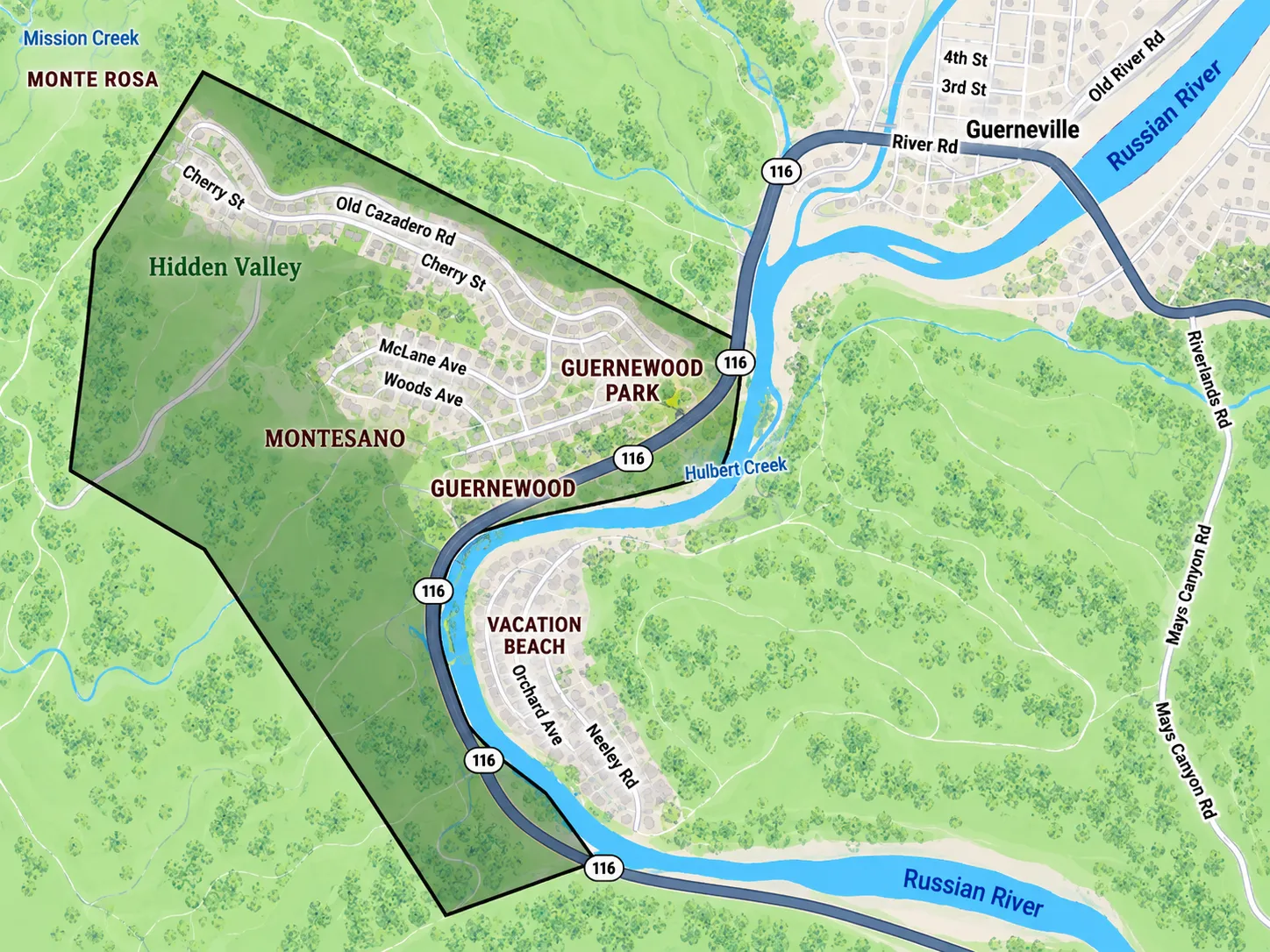 Guernewood Park and Old Monte Rio Road neighborhood boundary map with Cherry Street, Old Cazadero Road, Highway 116 and Hulbert Creek