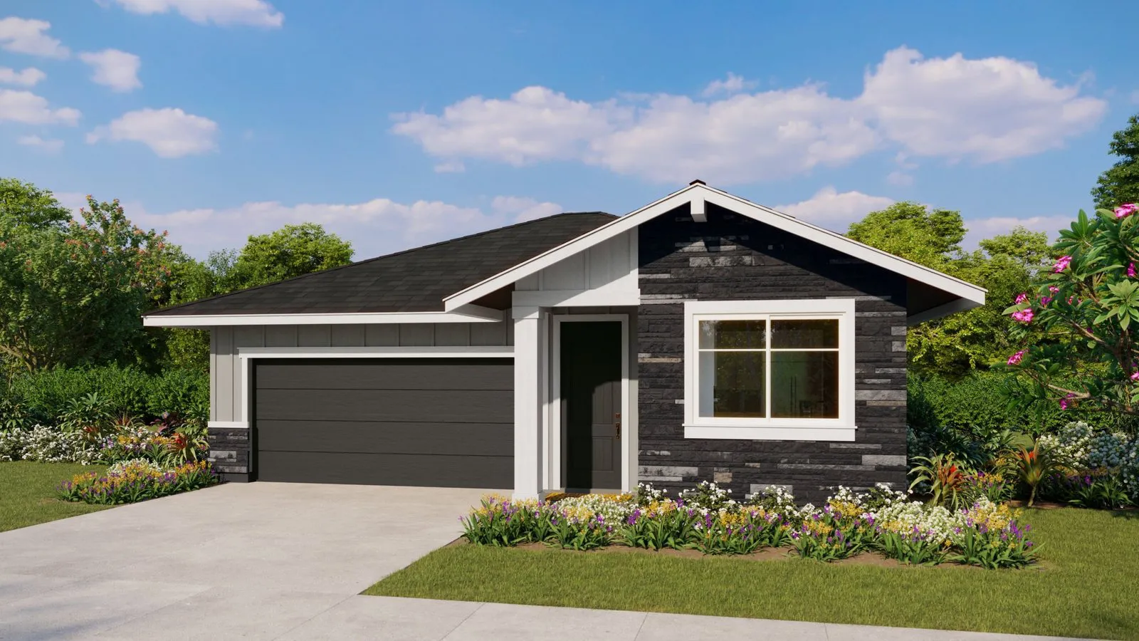 Rendering of the single-story Plan 1 home at Mau Loa at Koa Ridge with stacked stone siding and a two-car garage