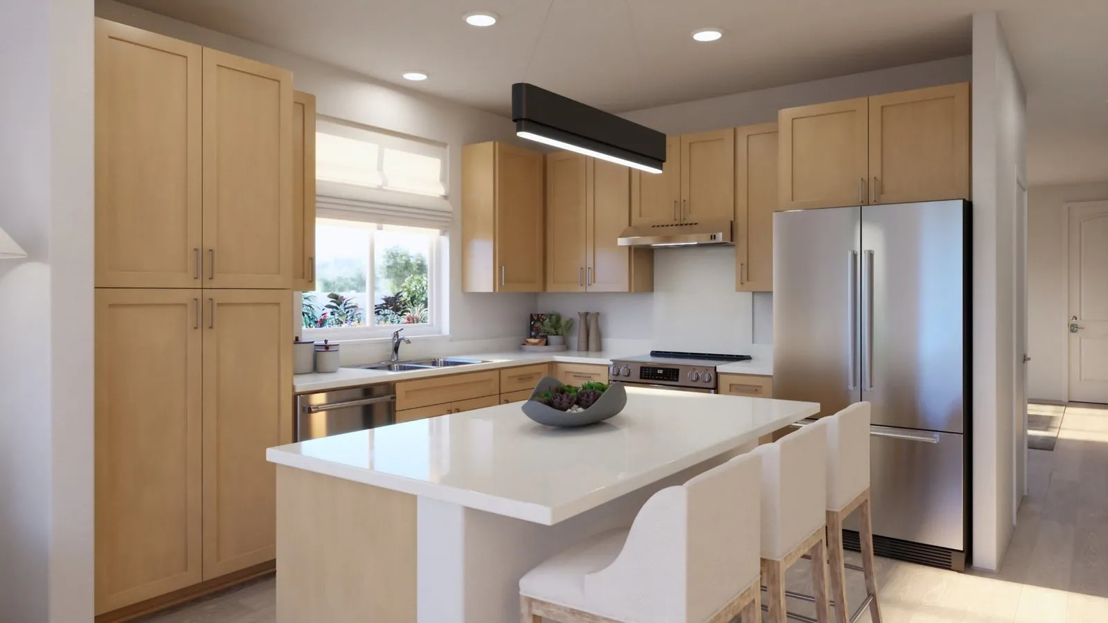 Plan 4 kitchen rendering at Mau Loa at Koa Ridge with light wood shaker cabinets, center island, quartz-look counters and stainless appliances
