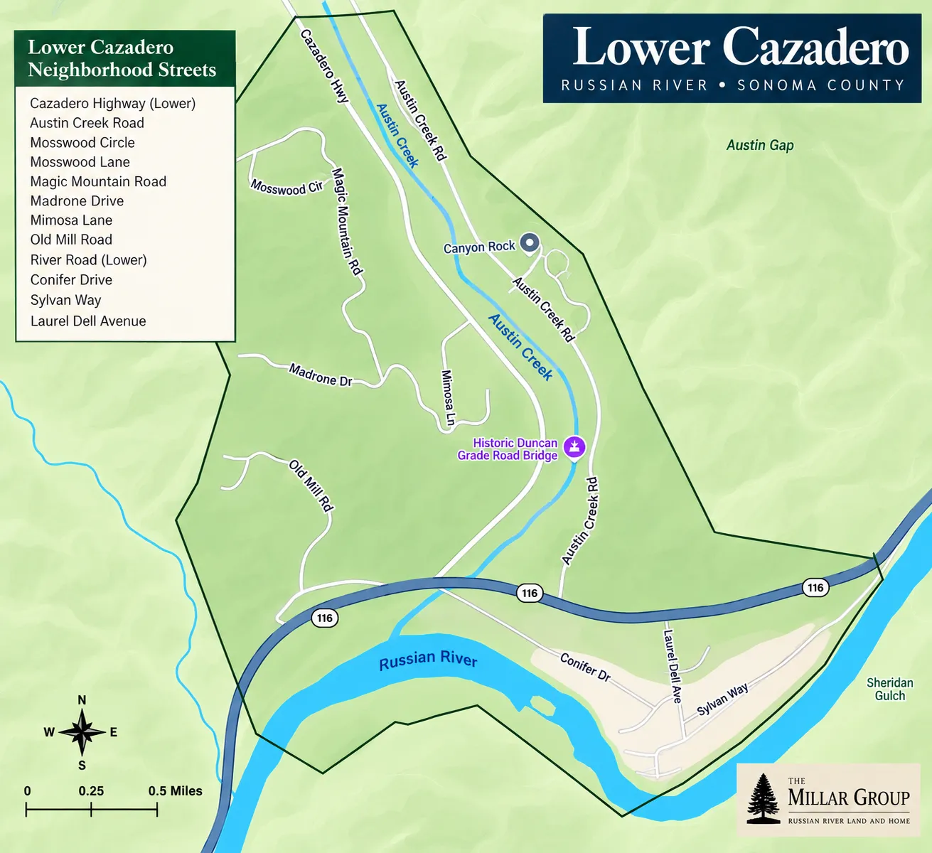 Lower Cazadero neighborhood map showing Austin Creek, Cazadero Highway, Magic Mountain, Laurel Dell and Russian River