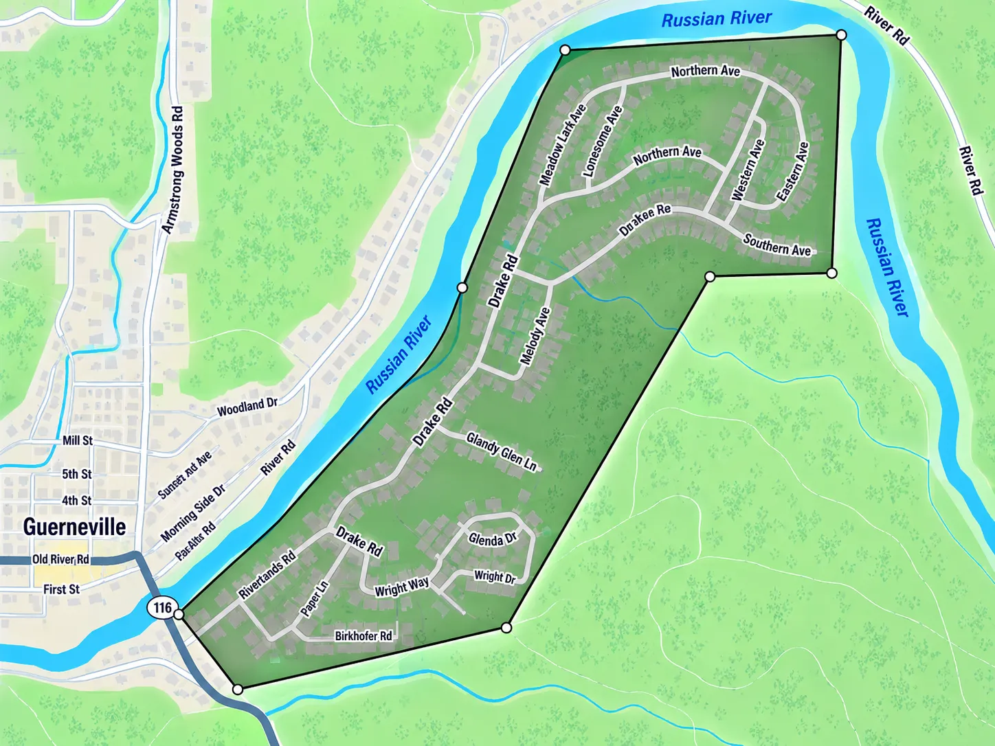 Illustrated overview of Drake Road and Drake Estates near the Russian River in Guerneville