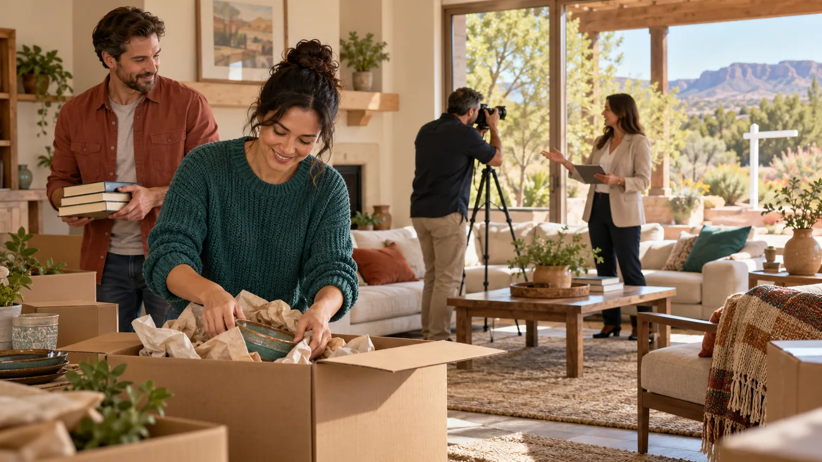 A couple packs to move while a photographer prepares their current-home listing with their agent.
