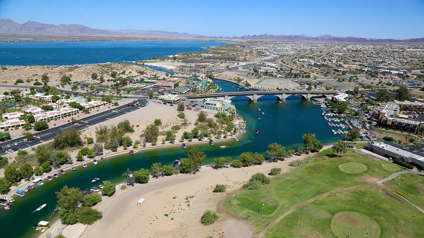 View across Lake Havasu City toward the lake, Bridgewater Channel area and desert mountains