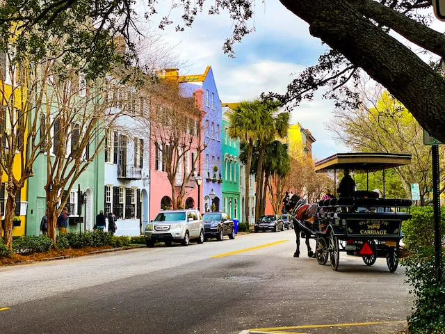 Rainbow Row with a parked horse carriage next to a large tree.