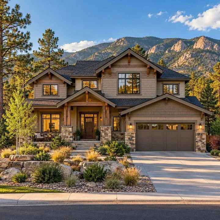 Illustration of a Colorado-style craftsman home with mountain foothills