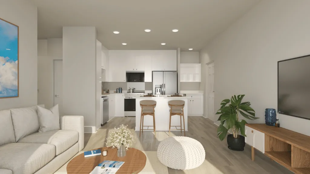Uluwehi Plan D living room and kitchen rendering