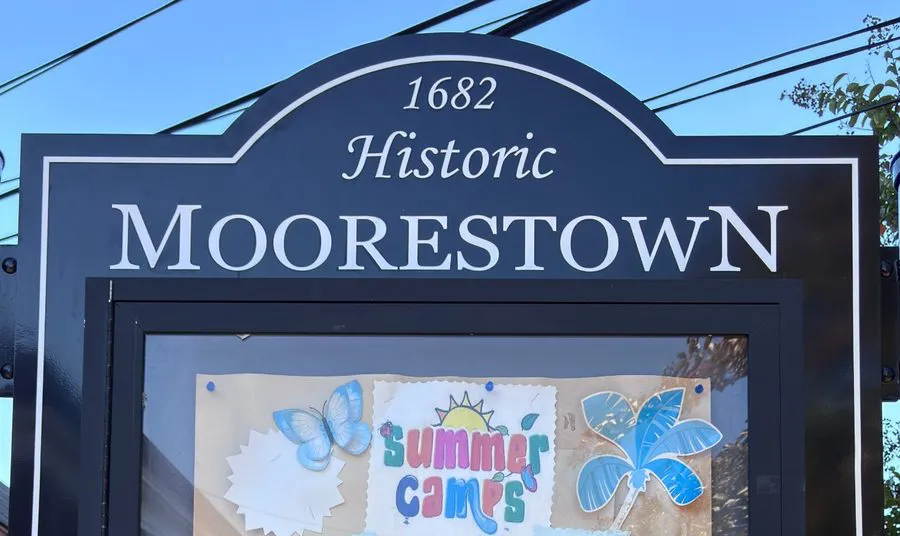 The 1682 Historic Moorestown sign in the center of town