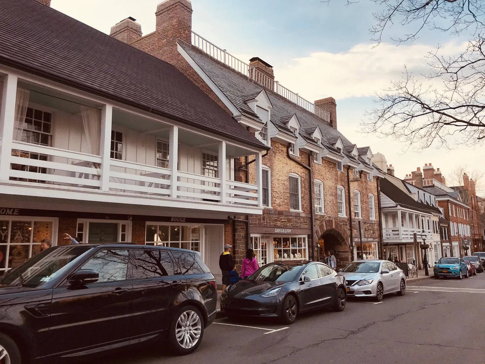 Brick storefronts and residences along Palmer Square in Downtown Princeton