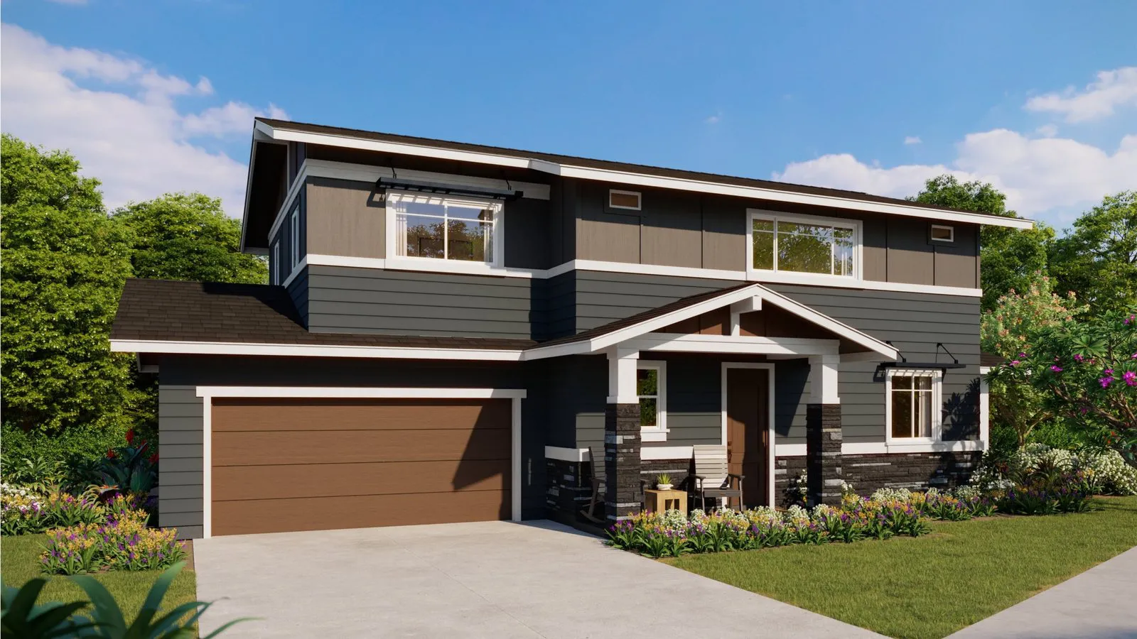 Rendering of a two-story Plan 2 single-family home at Mau Loa at Koa Ridge in Waipio, Oahu, with a two-car garage and covered front porch