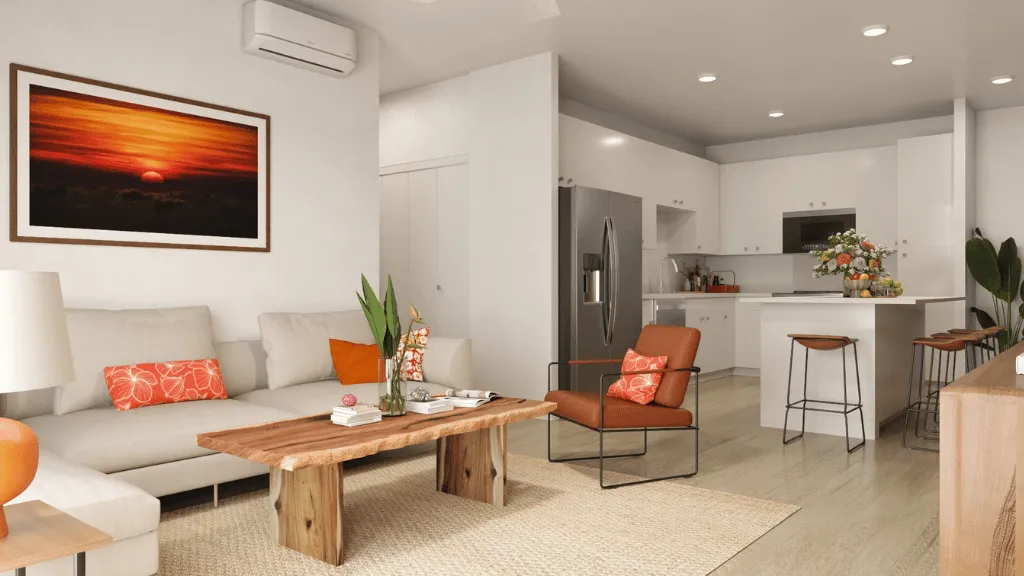 Uluwehi Plan A living room and kitchen rendering