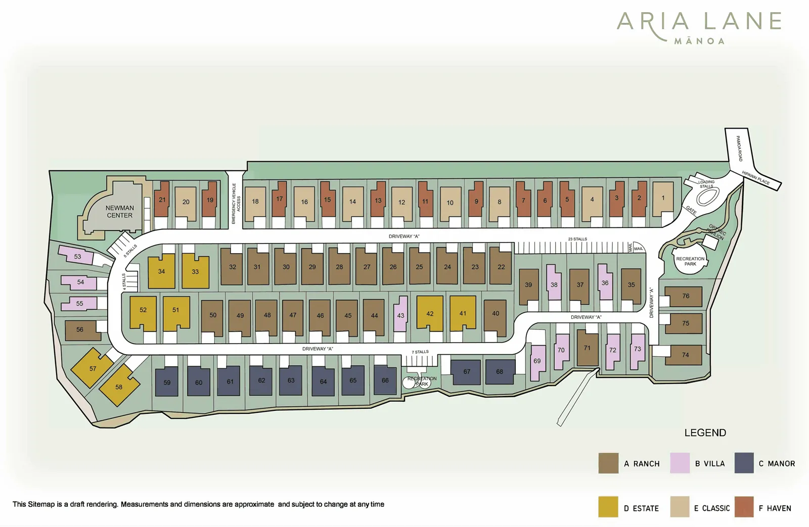 Aria Lane Mānoa site map showing 76 numbered homes color-coded by plan along a loop driveway off Pamoa Road