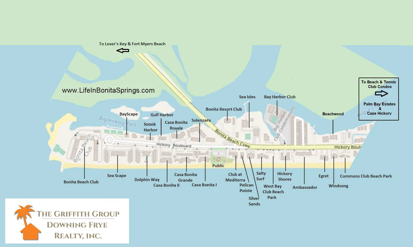 Map of Bonita Beach condo buildings on Hickory Island, gulf front and bay front, researched and created by Chris Griffith of The Griffith Group