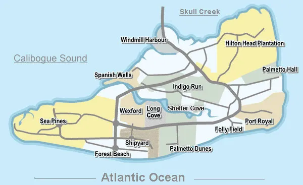 Map of Hilton Head Island showing the different communities, inclulding the ones offering condos for sale.
