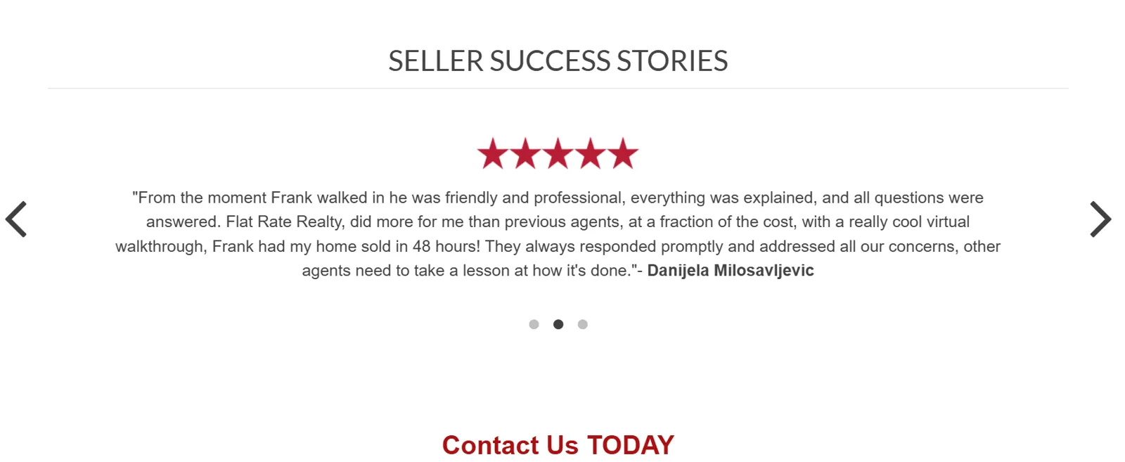Seller success story with a five-star rating and contact invitation