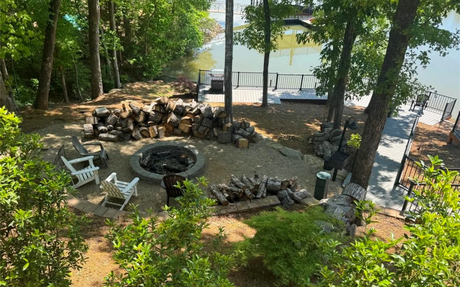 Edgewater lakeside pavilion and firepit area on Fishing Creek Lake