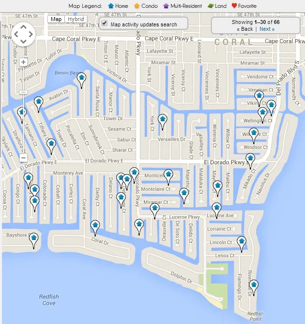 Cape Coral Yacht Club Map of Homes for Sale