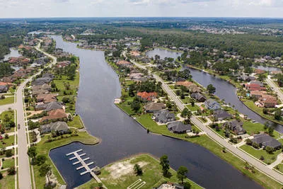 Aerial view of the lake at Plantation Lakes, where residents boat and fish