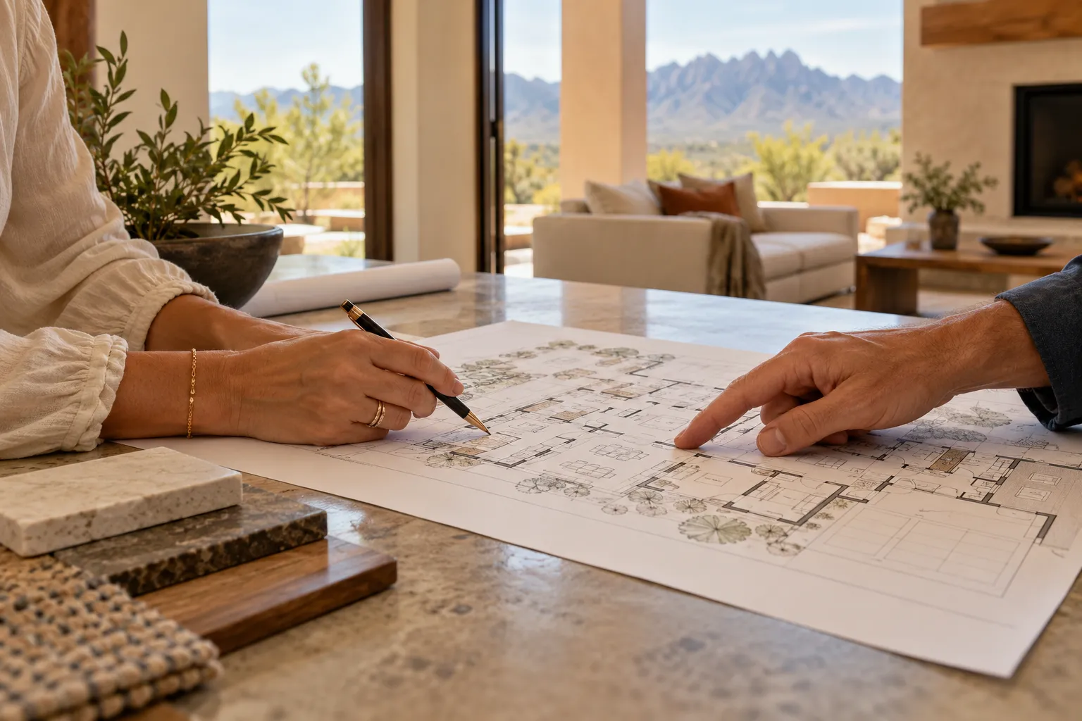 People reviewing a new-home floor plan together