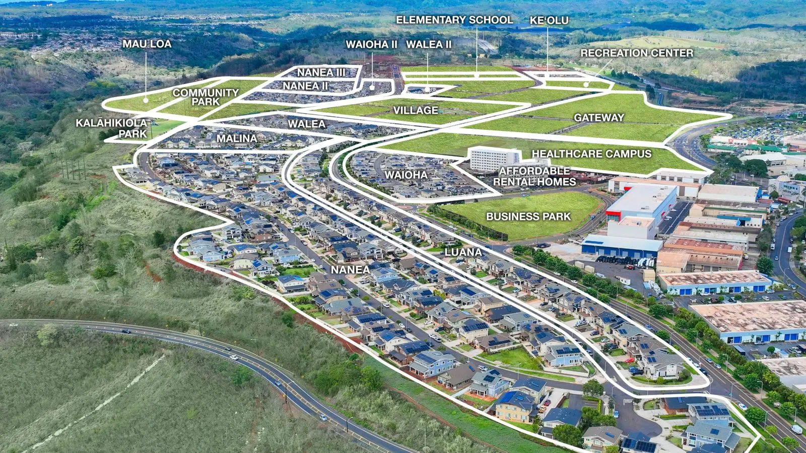 Labeled aerial map of the Koa Ridge master plan in Waipio, Oahu, showing Mau Loa beside Kalahikiola Park, the community park, Nanea, Walea, Waioha and the planned village center