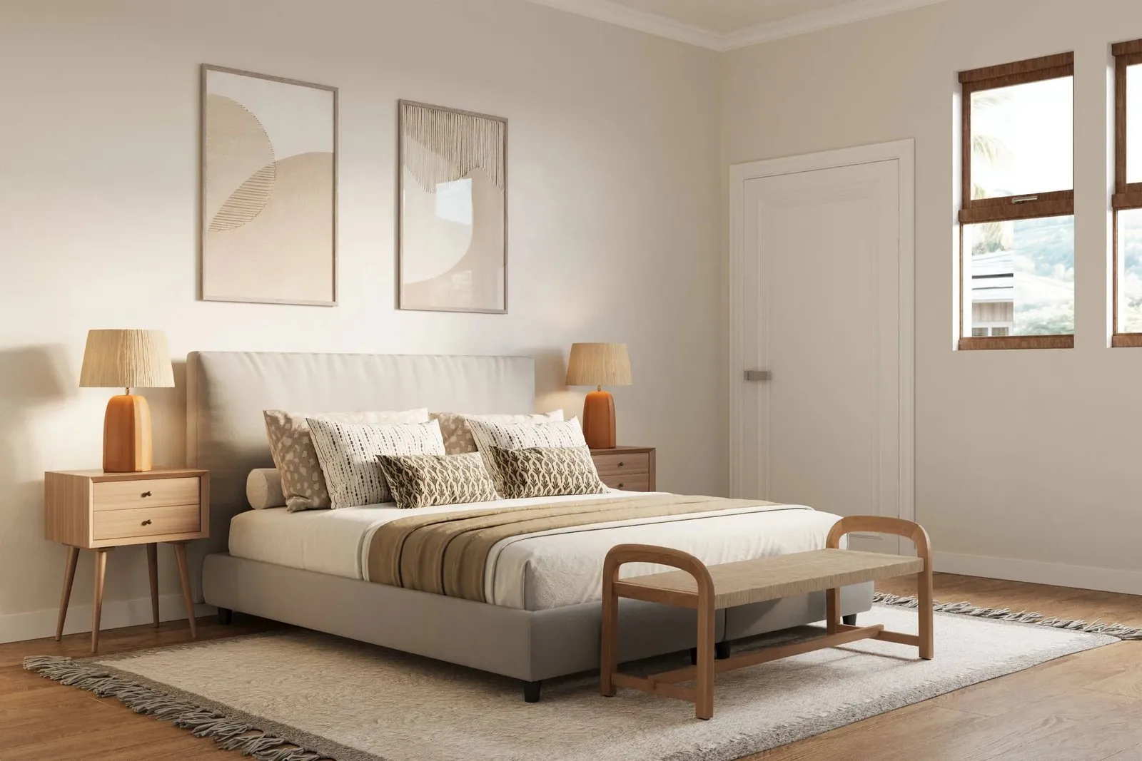 Rendering of an Aria Lane bedroom with wood floors, neutral walls and windows looking out toward the Mānoa ridge