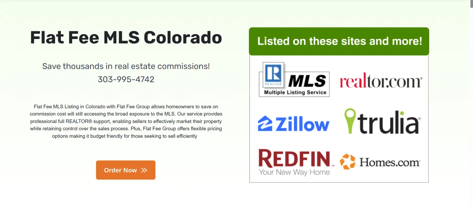 Flat Fee MLS Colorado advertisement showing MLS, Realtor.com, Zillow, Trulia, Redfin and Homes.com