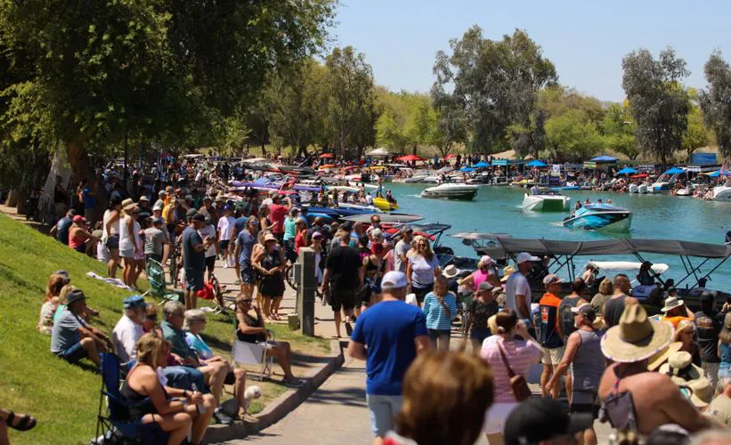 Boats, beach activity and visitors along Bridgewater Channel in Lake Havasu City