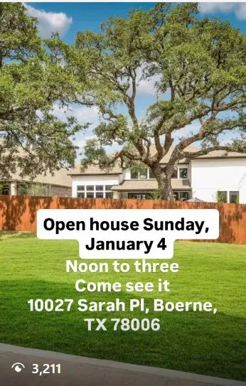 Instagram reel promoting an open house on Sarah Place in Boerne