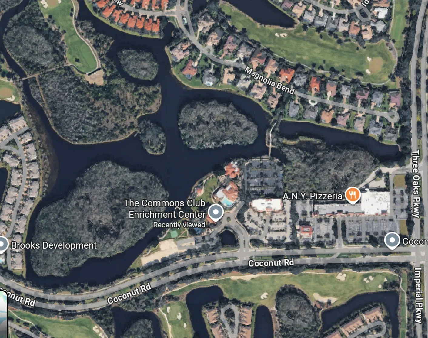 Aerial view of the boardwalk from Magnolia Bend in Shadow Wood to the Enrichment Center and The Commons Club at The Brooks