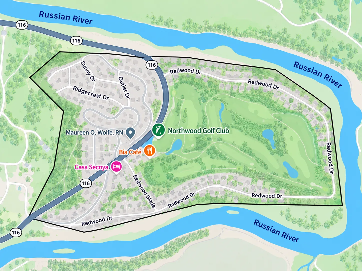 Illustrated Northwood Golf Club and Northwood Heights neighborhood map showing Highway 116, the Russian River and local streets