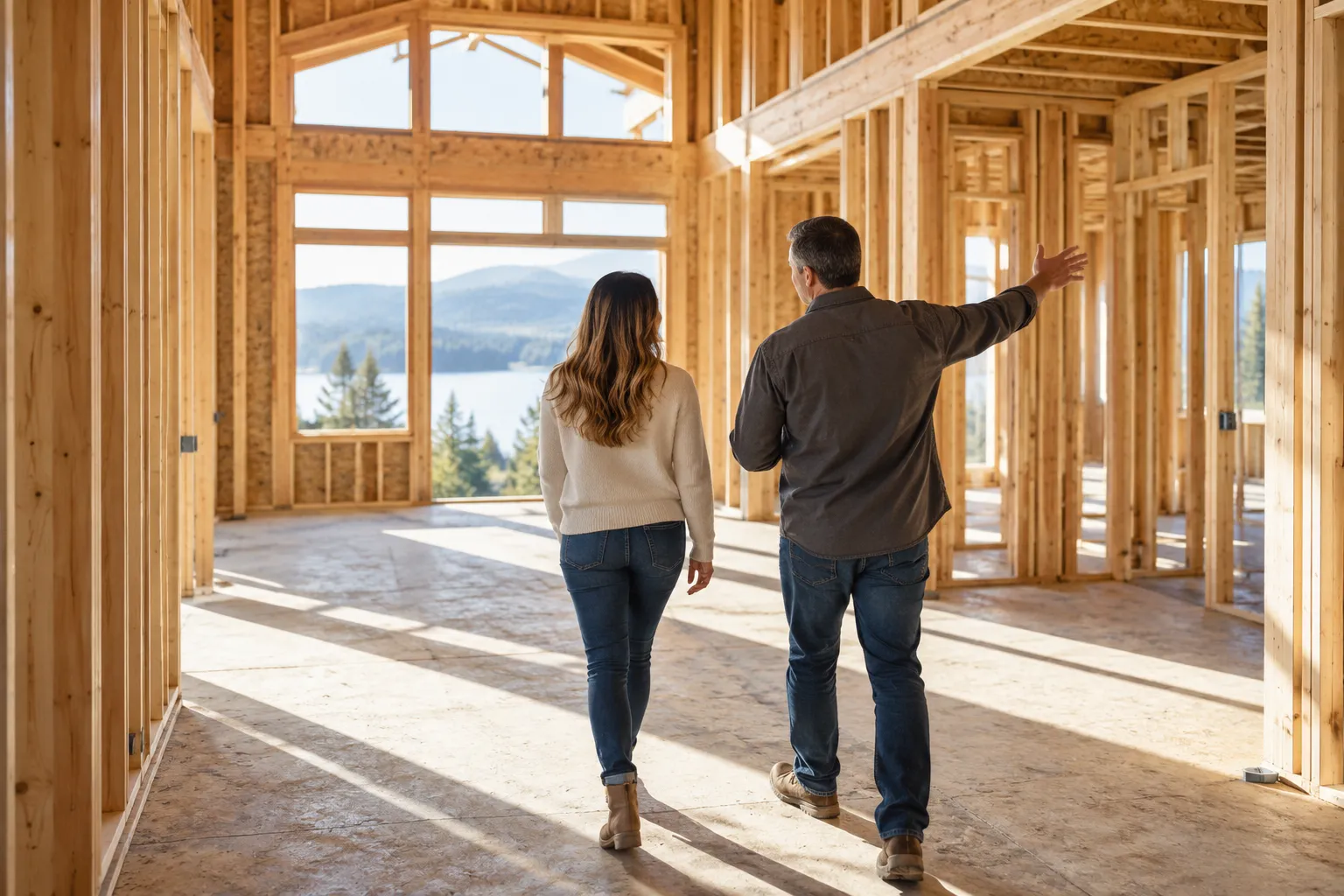 Buyer and guide exploring a home under construction