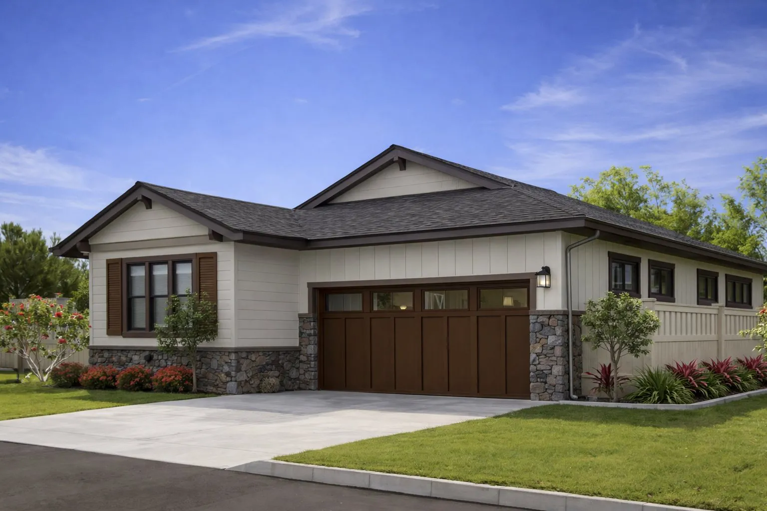 Rendering of a single-level Aria Lane Mānoa home with a stone-accented fa&ccedil;ade, wood-tone garage door and landscaped front yard