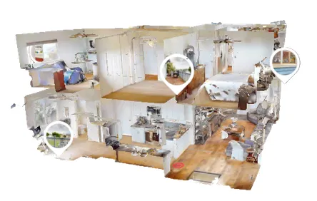 3D virtual tour model of a home showing multiple rooms