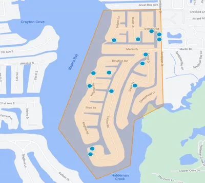Interactive map of Royal Harbor canal and waterfront homes near Downtown Naples