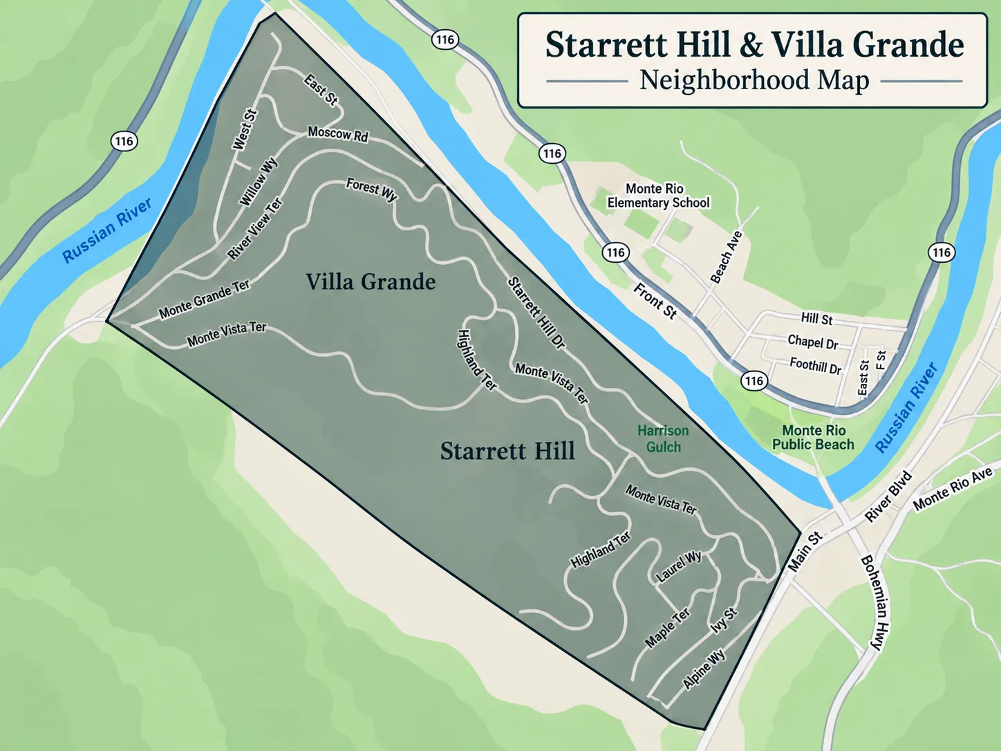 Illustrated Starrett Hill and Villa Grande neighborhood map near Monte Rio and the Russian River