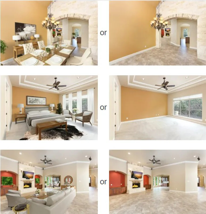 Virtual staging examples: furnished rooms beside the same empty rooms