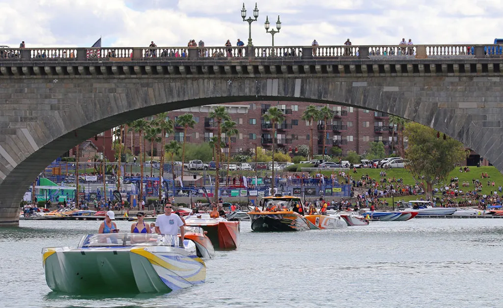 High-performance boats running on Lake Havasu during a poker-run weekend