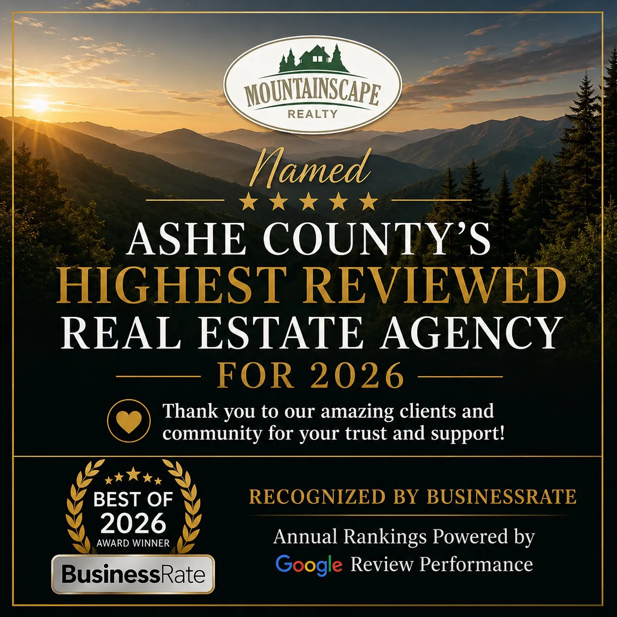 Mountainscape Realty named Ashe County's Highest Reviewed Real Estate Agency for 2026