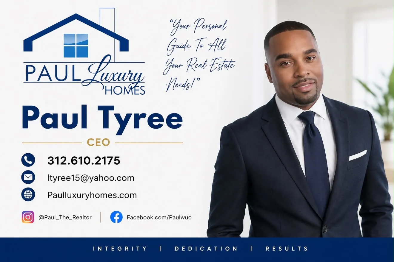 Paul Tyree, CEO of Paul Luxury Homes, in a navy suit with company contact information